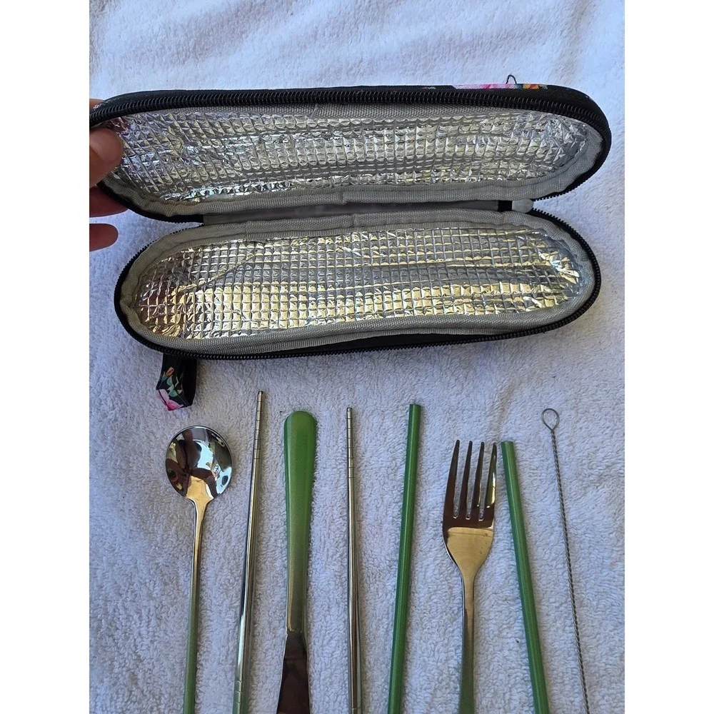 TOPBOOC Portable Travel Cutlery Set Stainless Steel Green 8 Piece Floral Case K3